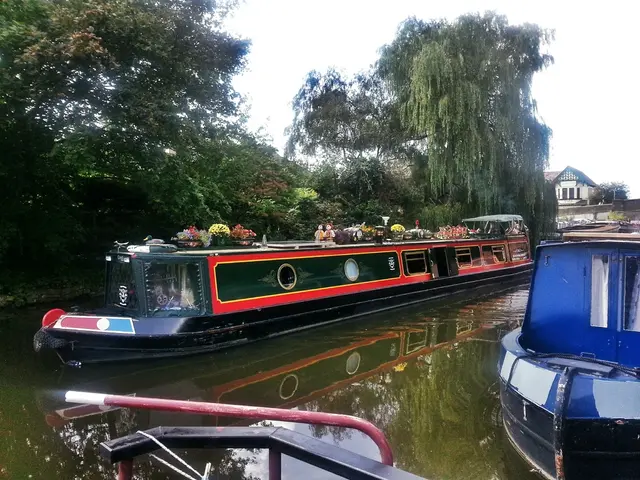 In this picture we can see boats on water with flower pots and toys on it, trees, building and in...