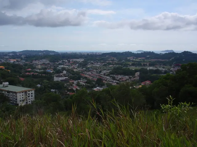 This is an aerial view in this image there are trees, houses, building and the sky.