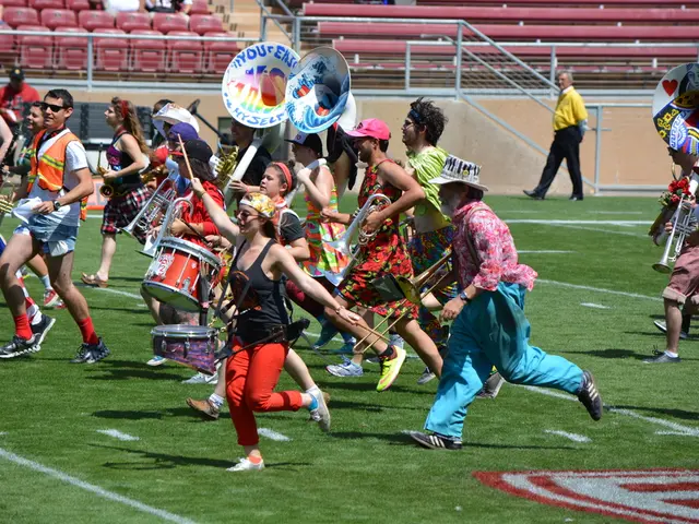 As we can see in the image there are group of people here and there, musical drums, grass, chairs,...
